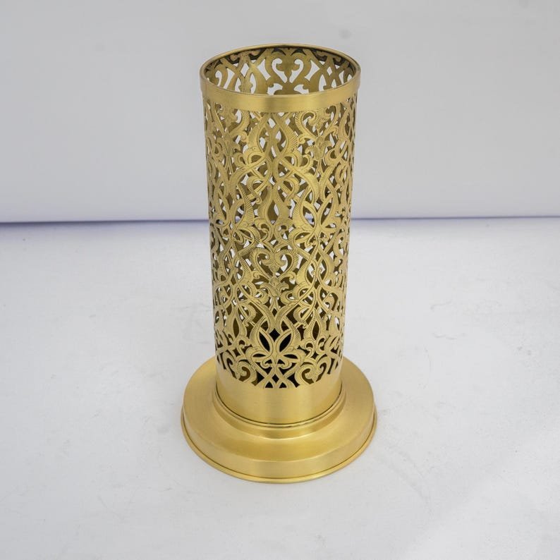 products-BrassTableLamp5.jpg Brushed Brass Bedside Light, Pierced Cylinder Lamp, Brass Table Lamp | Duty-Free