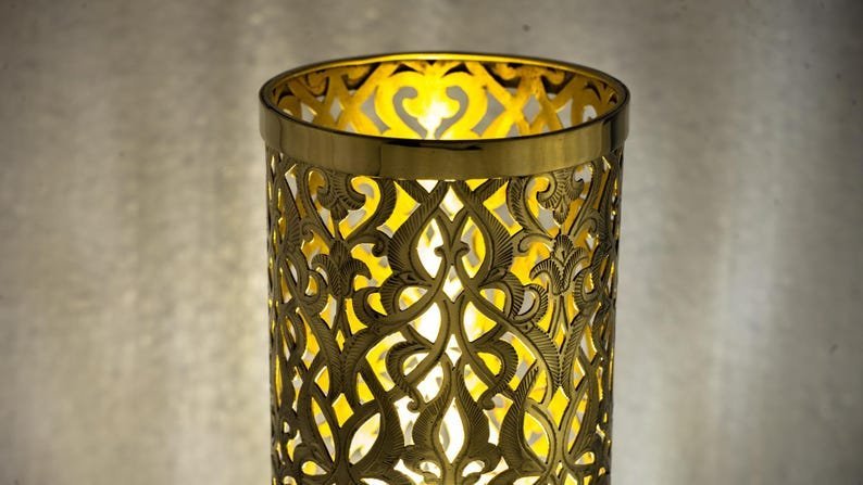 products-BrassTableLamp7.jpg Brushed Brass Bedside Light, Pierced Cylinder Lamp, Brass Table Lamp | Duty-Free - Image 4