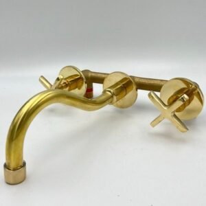 Unlacquered Brass Wall Mount Bathroom Faucet: Curved Spout, 8-Inch Reach