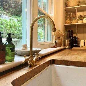 Handmade Unlacquered Brass Bridge Kitchen Faucet: Gooseneck Design