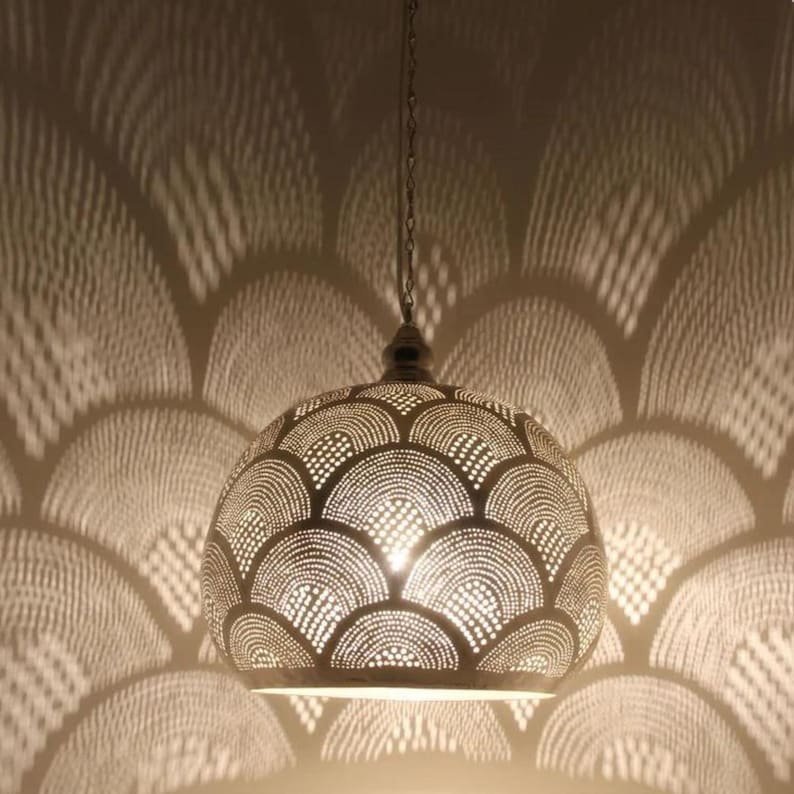 products-BronzePendantLightFixture6.jpg Bronze Pendant Light Fixture – Moroccan Brass Globe Ceiling Lamp, Handmade Hanging Lighting - Image 2