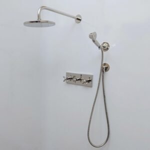 Polished Nickel Finish Brass Shower System with Flat Round Rain Shower Head, Central Brass Plaque, and Cross Handles