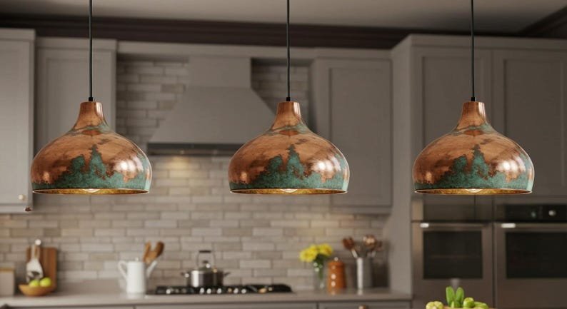 products-CopperDomeLamp1.jpg Copper Farmhouse Light Fixture, Farmhouse lighting, Rustic Chandelier Dining Room, Copper Dome Lamp, Ceiling Dome Lamp, Green Patina Light - Image 2