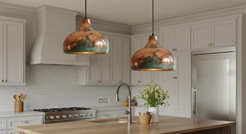 products-CopperDomeLamp6.jpg Copper Farmhouse Light Fixture, Farmhouse lighting, Rustic Chandelier Dining Room, Copper Dome Lamp, Ceiling Dome Lamp, Green Patina Light - Image 3
