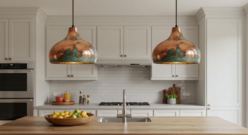 products-CopperDomeLamp8.jpg Copper Farmhouse Light Fixture, Farmhouse lighting, Rustic Chandelier Dining Room, Copper Dome Lamp, Ceiling Dome Lamp, Green Patina Light - Image 4