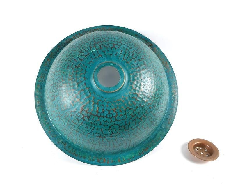 products-CopperDrop-InBathroom1.jpg Handmade Oxidized Copper Drop-In Bathroom Sink – Blue Patina Hammered Copper Vessel Basin | Rustic Farmhouse Vanity Sink, Bathroom Decor - Image 3