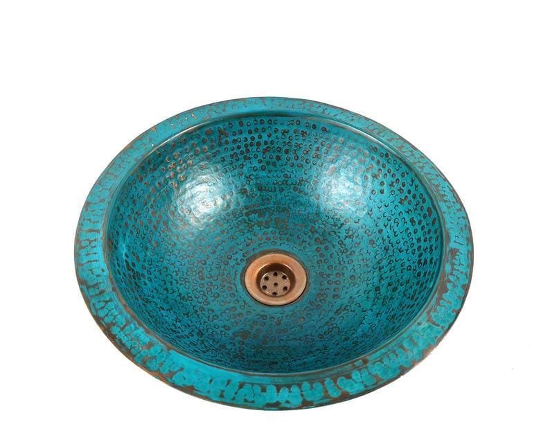 products-CopperDrop-InBathroom2.jpg Handmade Oxidized Copper Drop-In Bathroom Sink – Blue Patina Hammered Copper Vessel Basin | Rustic Farmhouse Vanity Sink, Bathroom Decor - Image 5