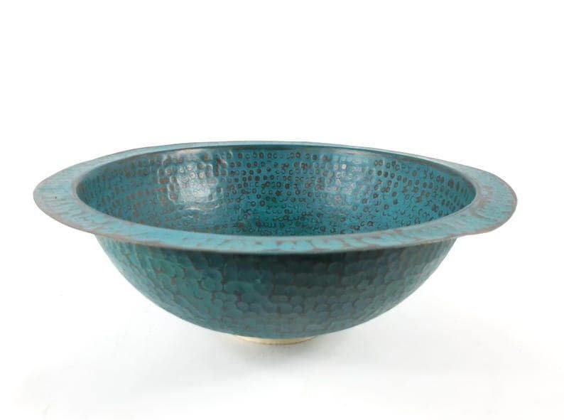 products-CopperDrop-InBathroom4.jpg Handmade Oxidized Copper Drop-In Bathroom Sink – Blue Patina Hammered Copper Vessel Basin | Rustic Farmhouse Vanity Sink, Bathroom Decor - Image 2