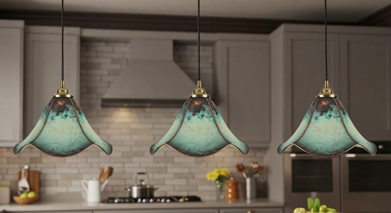 products-CopperHangingLight_CopperKitchenIsland2.jpg Unique Oxidized Farmhouse Light Fixture, Handmade Blue Patina Light, Ceiling Dome Pendant Lamp, Copper Hanging Light, Copper Kitchen Island - Image 2