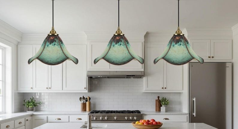 products-CopperHangingLight_CopperKitchenIsland4.jpg Unique Oxidized Farmhouse Light Fixture, Handmade Blue Patina Light, Ceiling Dome Pendant Lamp, Copper Hanging Light, Copper Kitchen Island - Image 4