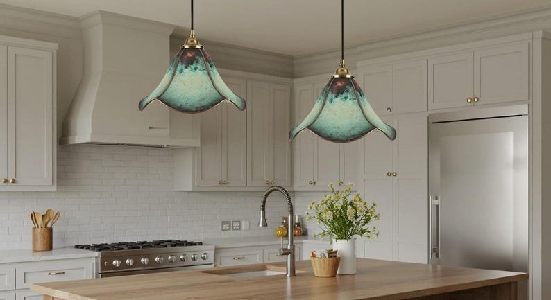 products-CopperHangingLight_CopperKitchenIsland7.jpg Unique Oxidized Farmhouse Light Fixture, Handmade Blue Patina Light, Ceiling Dome Pendant Lamp, Copper Hanging Light, Copper Kitchen Island - Image 7