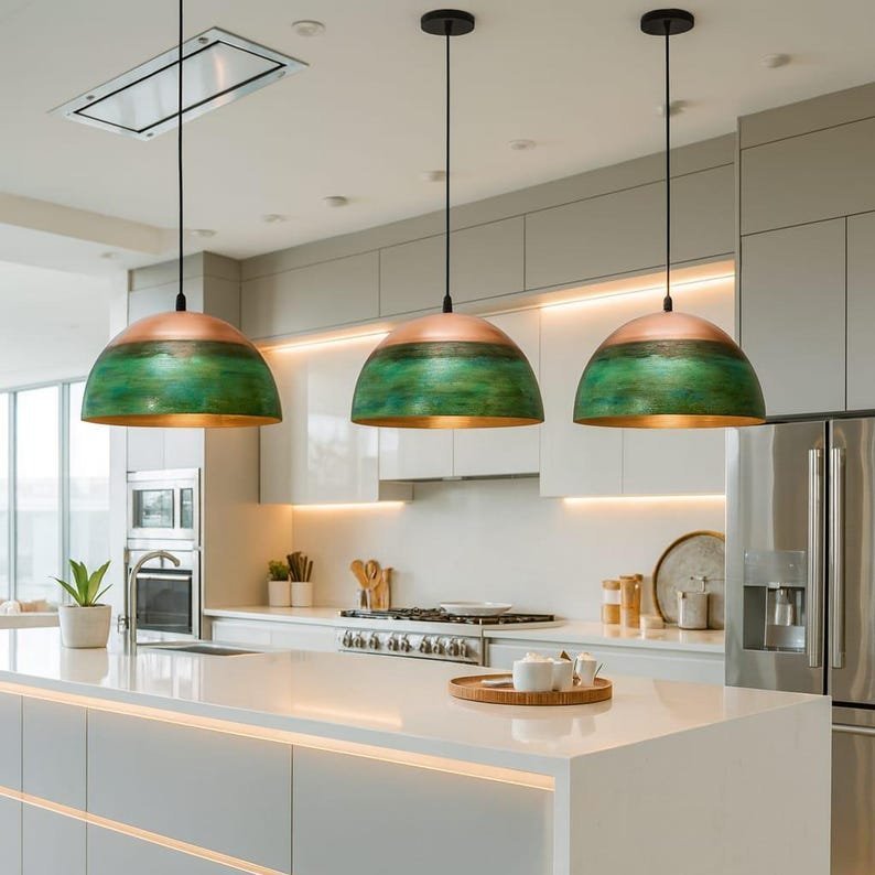 products-Crafted2.jpg Set of 3 Green Copper Farmhouse Light,Green Patina Copper Pendant Lamp, HandCrafted Rustic Copper Island Light, Rustic Dome Pendant Light