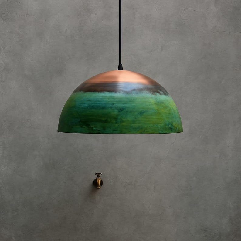 products-Crafted3.jpg Set of 3 Green Copper Farmhouse Light,Green Patina Copper Pendant Lamp, HandCrafted Rustic Copper Island Light, Rustic Dome Pendant Light - Image 3