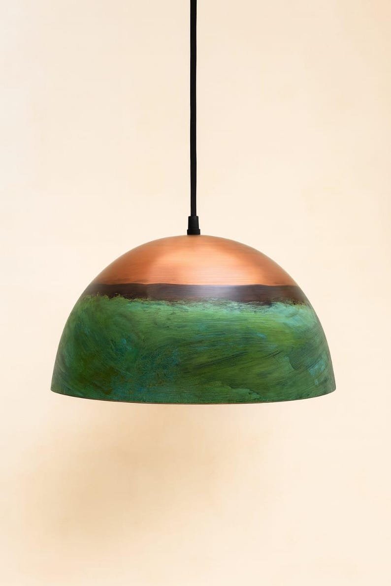 products-Crafted4.jpg Set of 3 Green Copper Farmhouse Light,Green Patina Copper Pendant Lamp, HandCrafted Rustic Copper Island Light, Rustic Dome Pendant Light - Image 4
