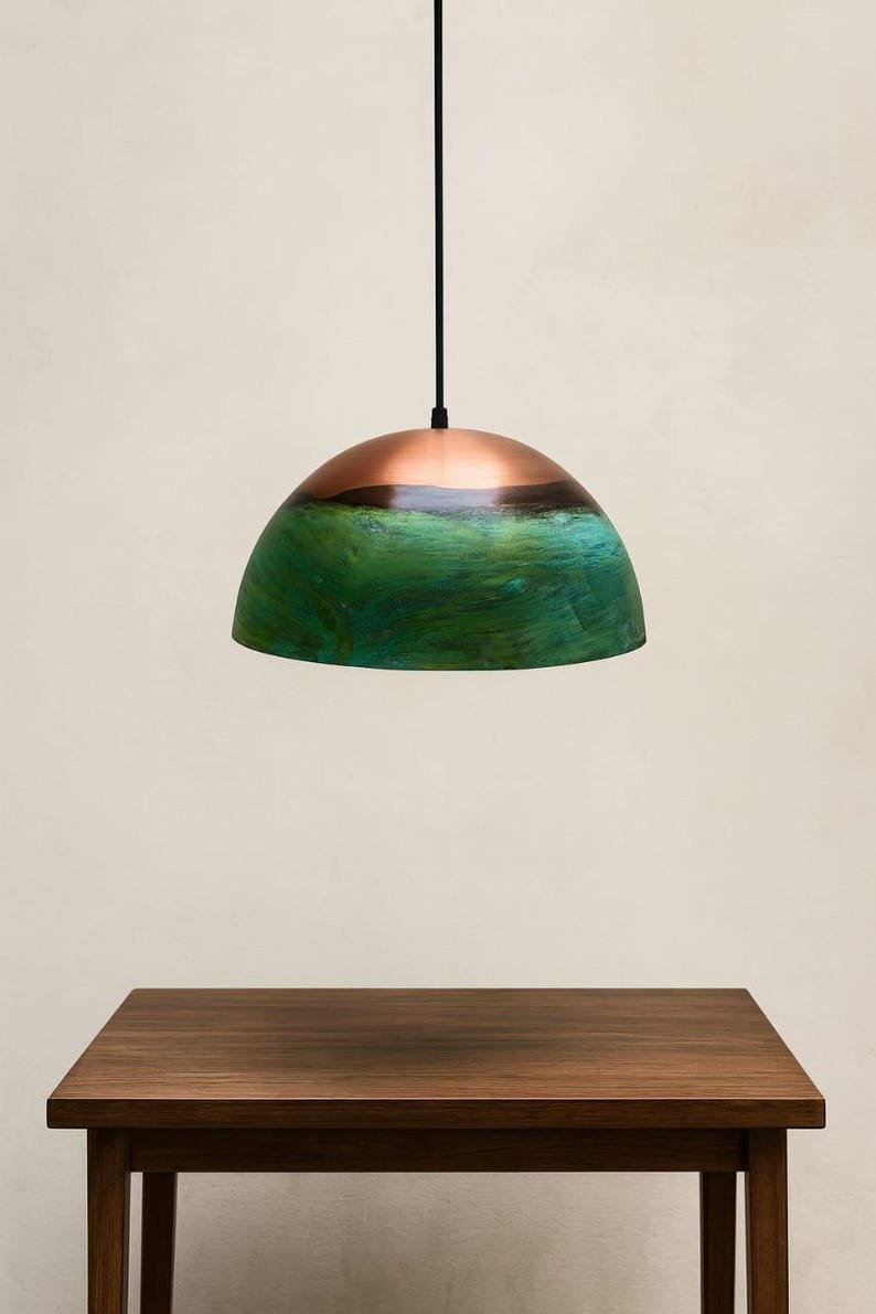 products-Crafted5.jpg Set of 3 Green Copper Farmhouse Light,Green Patina Copper Pendant Lamp, HandCrafted Rustic Copper Island Light, Rustic Dome Pendant Light - Image 5