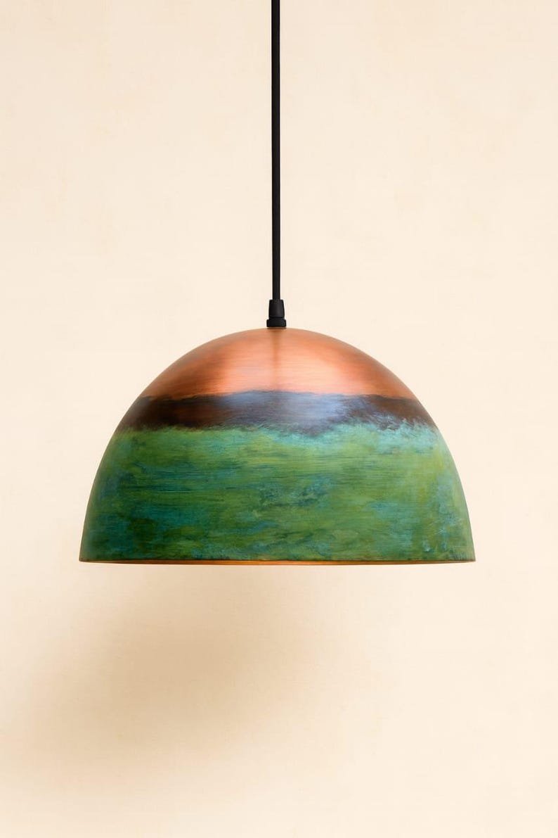 products-Crafted6.jpg Set of 3 Green Copper Farmhouse Light,Green Patina Copper Pendant Lamp, HandCrafted Rustic Copper Island Light, Rustic Dome Pendant Light - Image 6