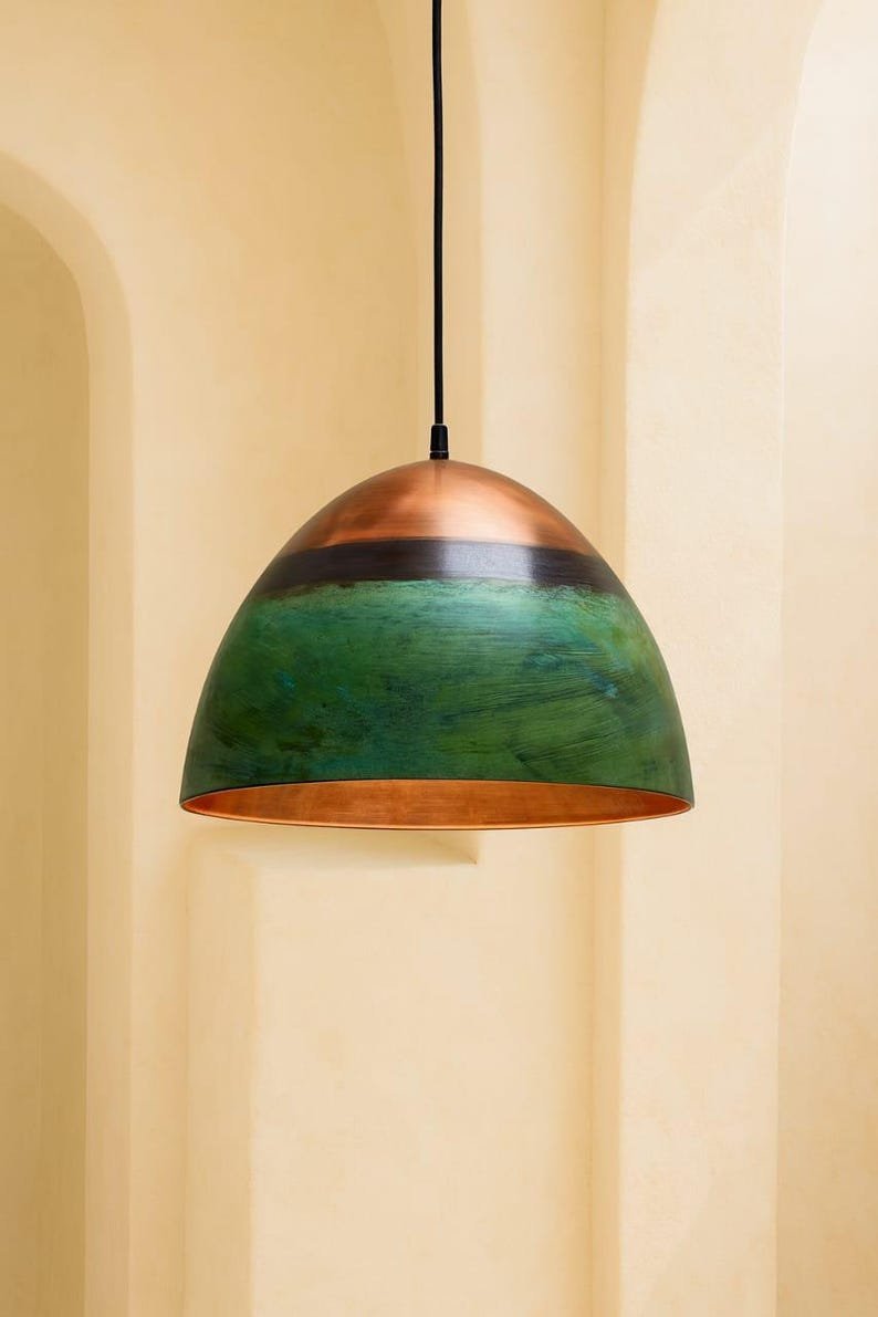 products-Crafted7.jpg Set of 3 Green Copper Farmhouse Light,Green Patina Copper Pendant Lamp, HandCrafted Rustic Copper Island Light, Rustic Dome Pendant Light - Image 7