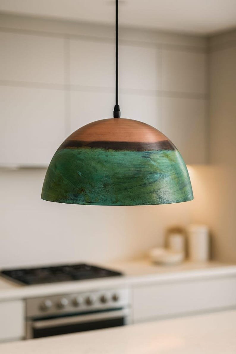 products-Crafted8.jpg Set of 3 Green Copper Farmhouse Light,Green Patina Copper Pendant Lamp, HandCrafted Rustic Copper Island Light, Rustic Dome Pendant Light - Image 8