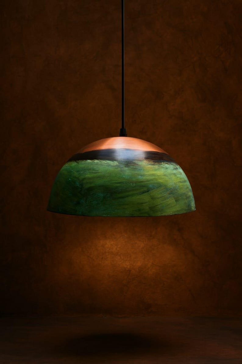 products-Crafted9.jpg Set of 3 Green Copper Farmhouse Light,Green Patina Copper Pendant Lamp, HandCrafted Rustic Copper Island Light, Rustic Dome Pendant Light - Image 9