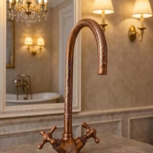 Handmade Unlacquered Moroccan Brass Faucet – Double Handle Sink Tap – Antique Brass Shower System – Crafted by Skilled Moroccan Artisans