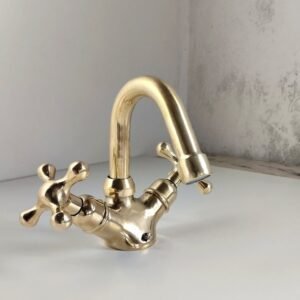 Unlacquered Brass Gooseneck Bathroom Faucet: Single Hole, Cross Handle