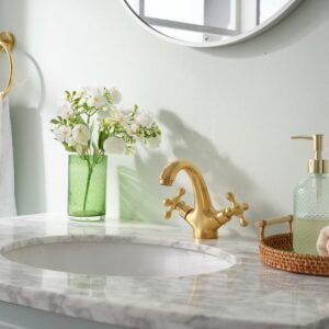 Handcrafted Unlacquered Brass Bathroom Faucet, Solid Brass Deck Mount with Cross Handles