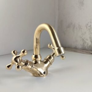 Unlacquered Brass Gooseneck Bathroom Faucet: Single Hole, Cross Handle