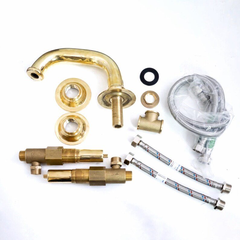 products-DeckS2.jpg Unlacquered Brass 3-Hole Bathroom Faucet, Deck Mounted Brass Vanity Tap - Image 6