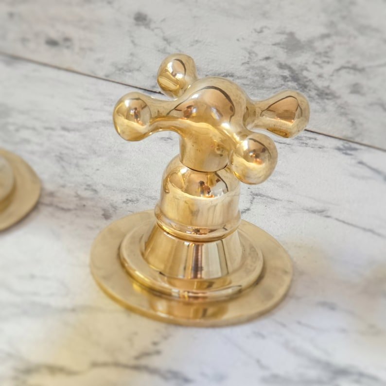 products-DeckS3.jpg Unlacquered Brass 3-Hole Bathroom Faucet, Deck Mounted Brass Vanity Tap - Image 3