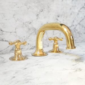 Unlacquered Brass 3-Hole Bathroom Faucet, Deck Mounted Brass Vanity Tap