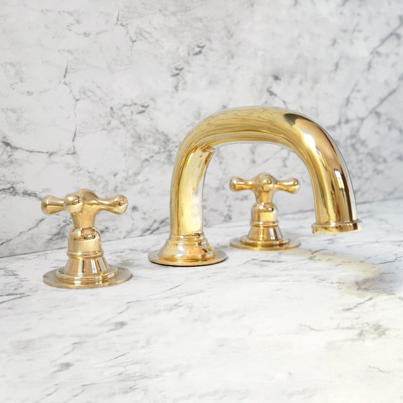 products-DeckS4.jpg Unlacquered Brass 3-Hole Bathroom Faucet, Deck Mounted Brass Vanity Tap