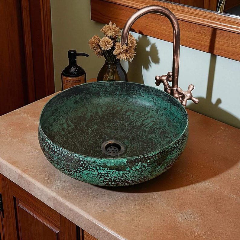 products-Decor2.jpg Handmade Oxidized Copper Bathroom Sink – Rustic Green Patina Round Vessel Basin for Farmhouse Decor - Image 2