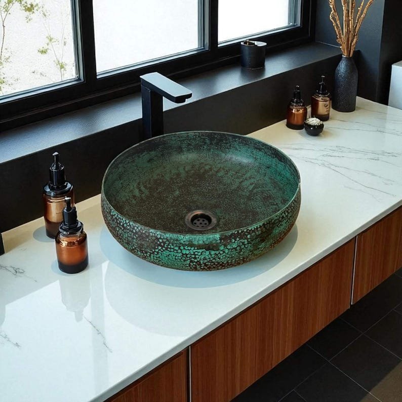 products-Decor4.jpg Handmade Oxidized Copper Bathroom Sink – Rustic Green Patina Round Vessel Basin for Farmhouse Decor - Image 4