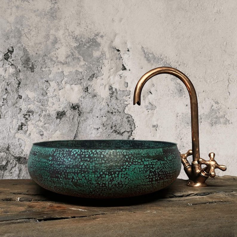 products-Decor7.jpg Handmade Oxidized Copper Bathroom Sink – Rustic Green Patina Round Vessel Basin for Farmhouse Decor - Image 7