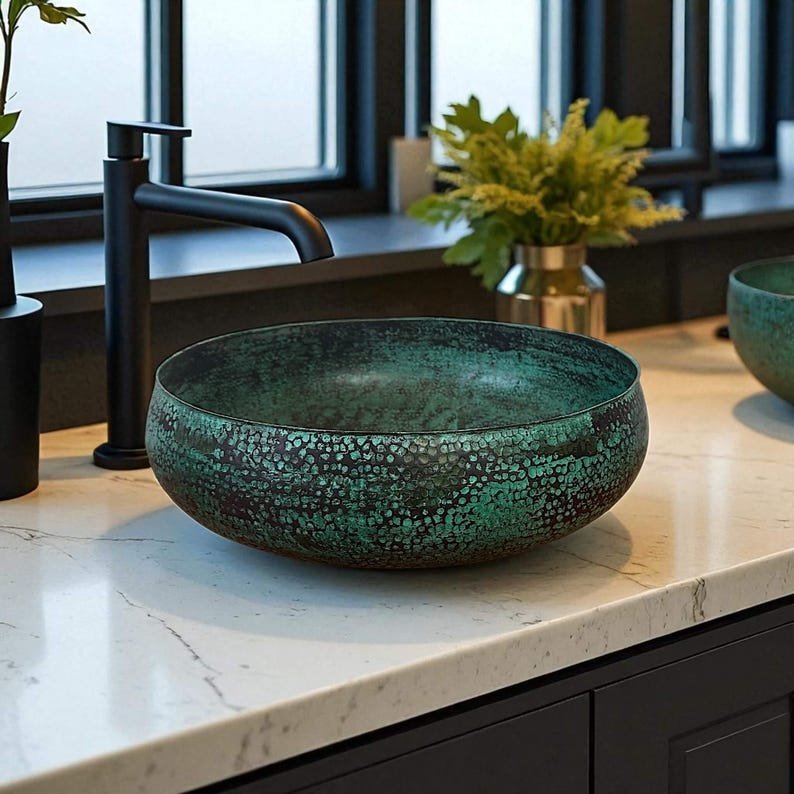 products-Decor8.jpg Handmade Oxidized Copper Bathroom Sink – Rustic Green Patina Round Vessel Basin for Farmhouse Decor - Image 8