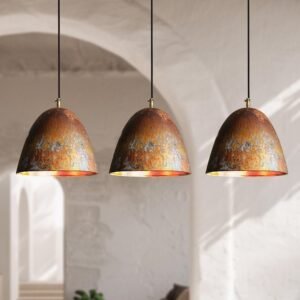 Aged Copper Pendant Set of 3 – Handcrafted Dome Lights Trio for Vintage Kitchen or Dining Room Ceiling