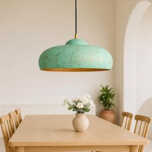 Oxidized Copper Pendant Light – Green Patina Brass Ceiling Lamp, Handmade Kitchen Island Lighting, Rustic Dining Room Decor