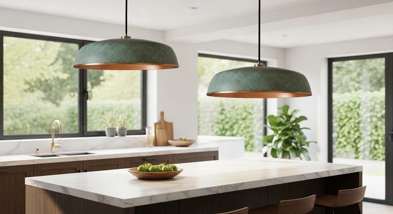 products-DiningRoomLight3.jpg Copper Dome Lamp Patina, Patina Rustic Hanging Lamp, Handmade Green Patina Light, Dining Room Light Fixture, Bohemian Home Decor - Image 4