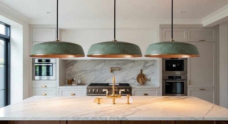 products-DiningRoomLight5.jpg Copper Dome Lamp Patina, Patina Rustic Hanging Lamp, Handmade Green Patina Light, Dining Room Light Fixture, Bohemian Home Decor - Image 5