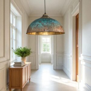 Rustic Patina Dome Pendant Light: Industrial Brass Hanging Lamp