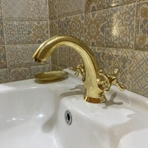 Unlacquered Solid Brass Bathroom Sink Faucet, Handmade Single Hole Double Handle Brass Bathroom Faucet
