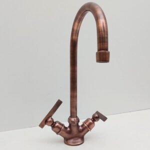 Antique Copper Finish Faucet with Gooseneck Spout & Double Lever Handles, Deck-Mounted tap, Gooseneck Faucet
