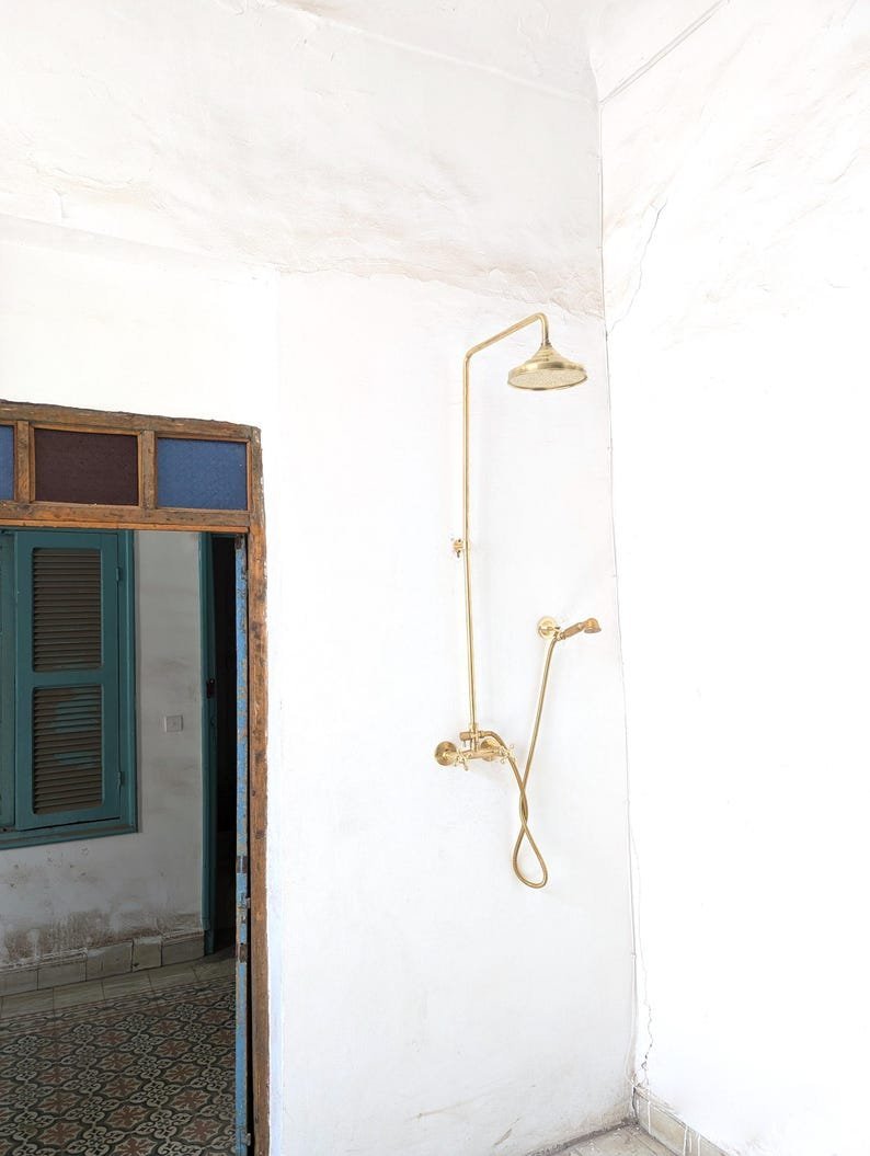 products-ExposedPipe1.jpg Unlacquered Brass Outdoor Shower System: Exposed Pipe Rain Shower Head & Handheld