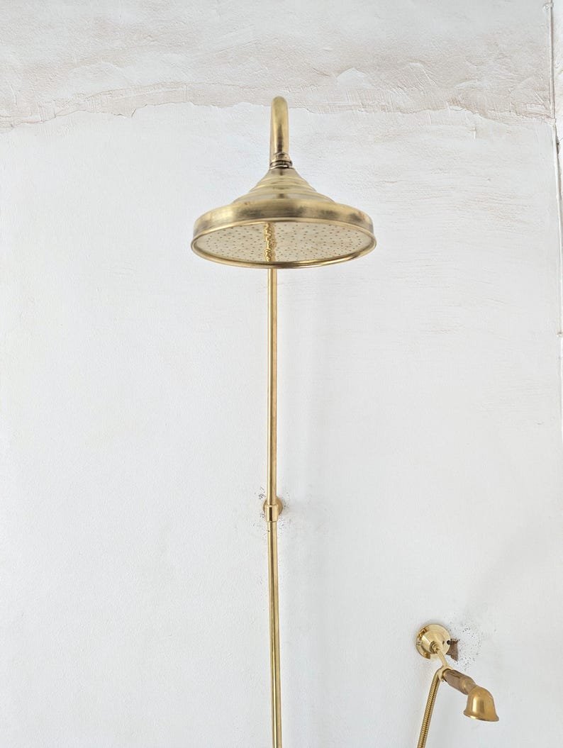 products-ExposedPipe2.jpg Unlacquered Brass Outdoor Shower System: Exposed Pipe Rain Shower Head & Handheld - Image 2