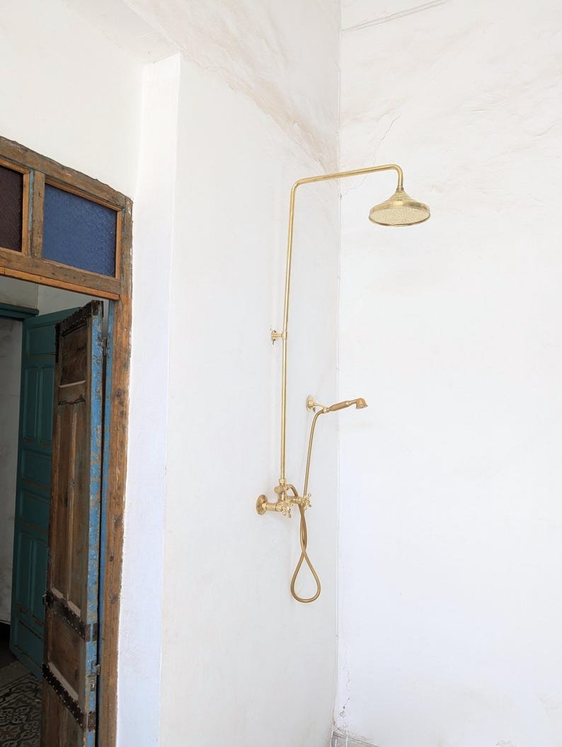 products-ExposedPipe3.jpg Unlacquered Brass Outdoor Shower System: Exposed Pipe Rain Shower Head & Handheld - Image 3