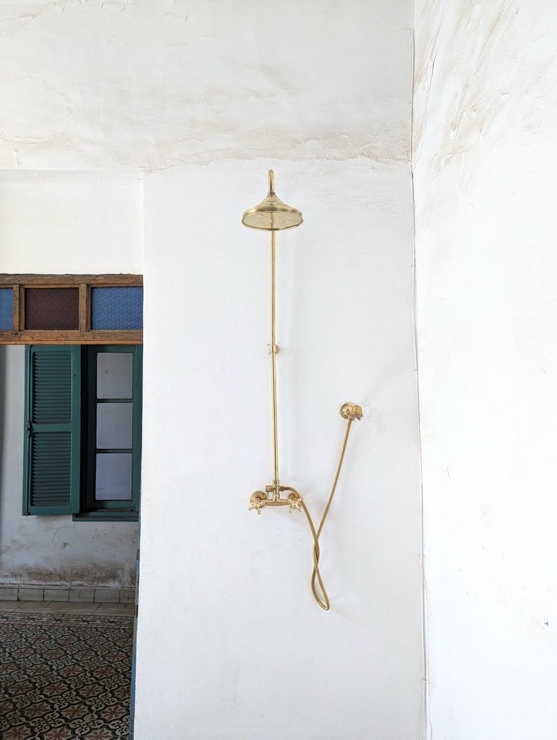 products-ExposedPipe5.jpg Unlacquered Brass Outdoor Shower System: Exposed Pipe Rain Shower Head & Handheld - Image 4