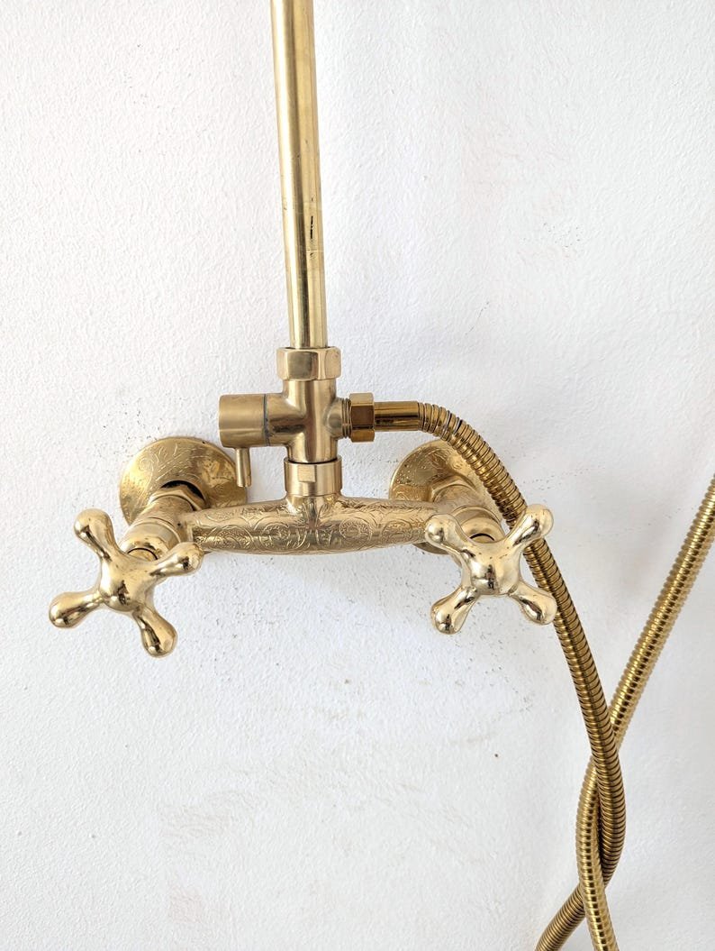 products-ExposedPipe6.jpg Unlacquered Brass Outdoor Shower System: Exposed Pipe Rain Shower Head & Handheld - Image 5