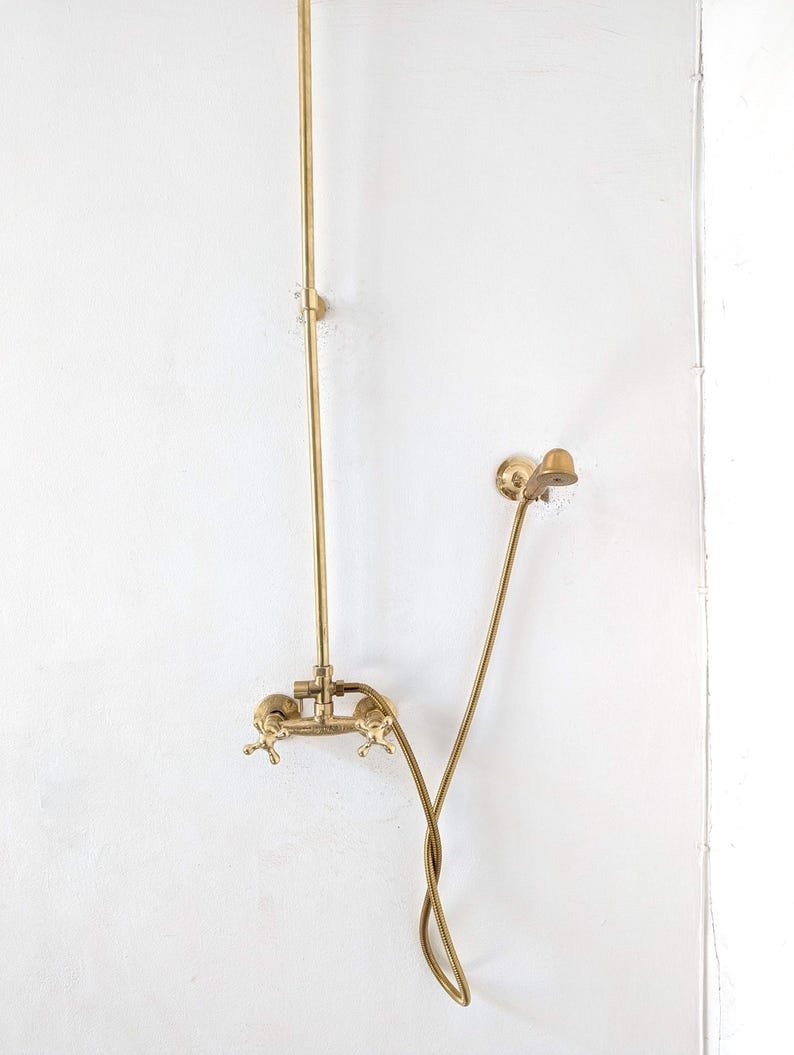 products-ExposedPipe7.jpg Unlacquered Brass Outdoor Shower System: Exposed Pipe Rain Shower Head & Handheld - Image 6