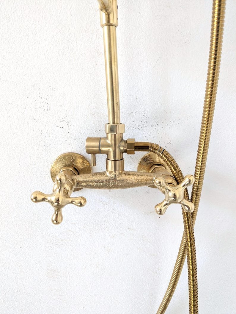 products-ExposedPipe8.jpg Unlacquered Brass Outdoor Shower System: Exposed Pipe Rain Shower Head & Handheld - Image 7