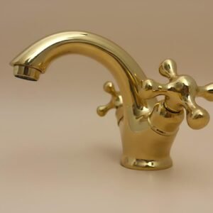 Unlacquered Brass Bathroom Faucet Cross Handles | Single Hole Vanity Sink Faucet | Handmade in Marrakech